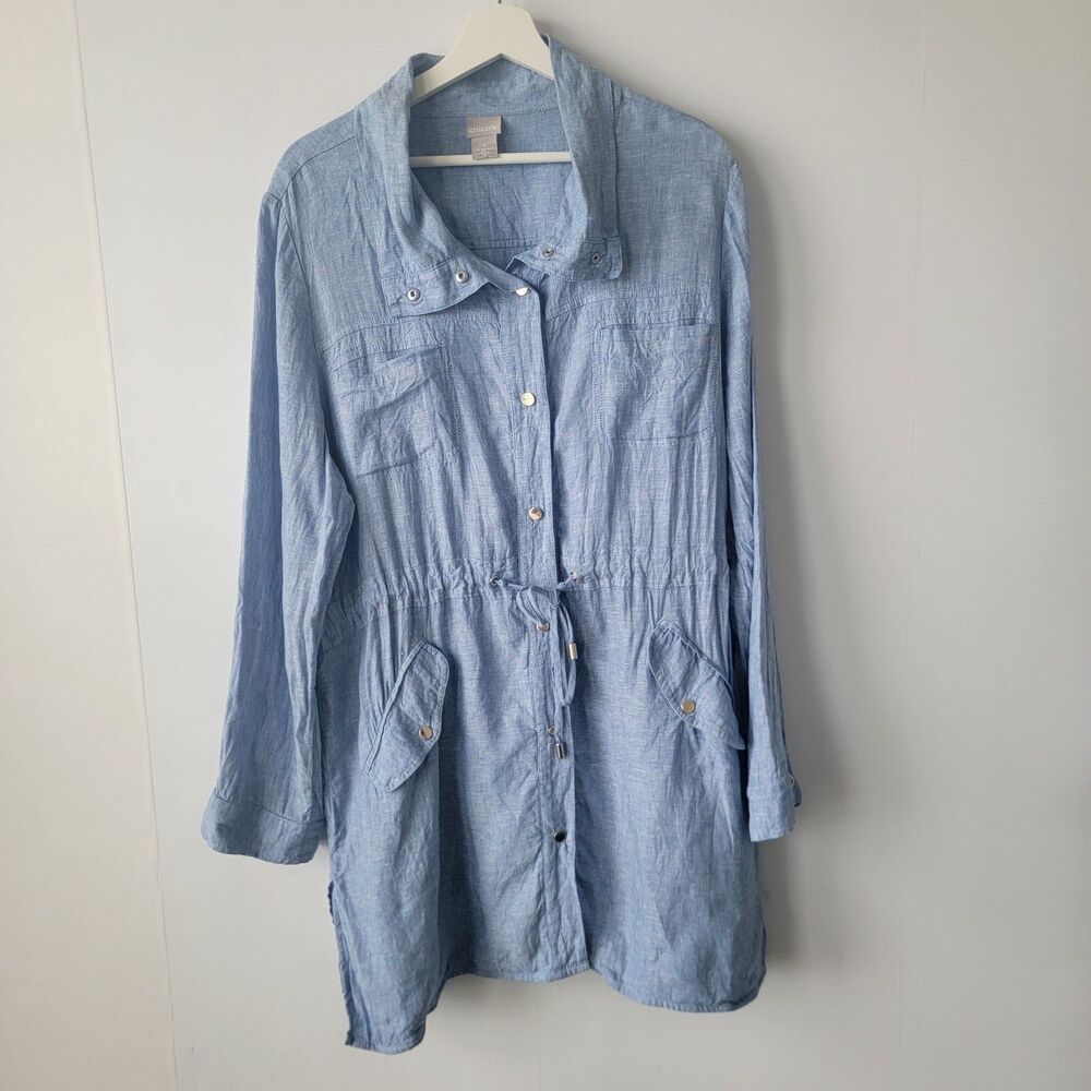 Chicos Womens 100% Linen Cross Utility Jacket sz 16/18 Drawstring Snap Down Blue